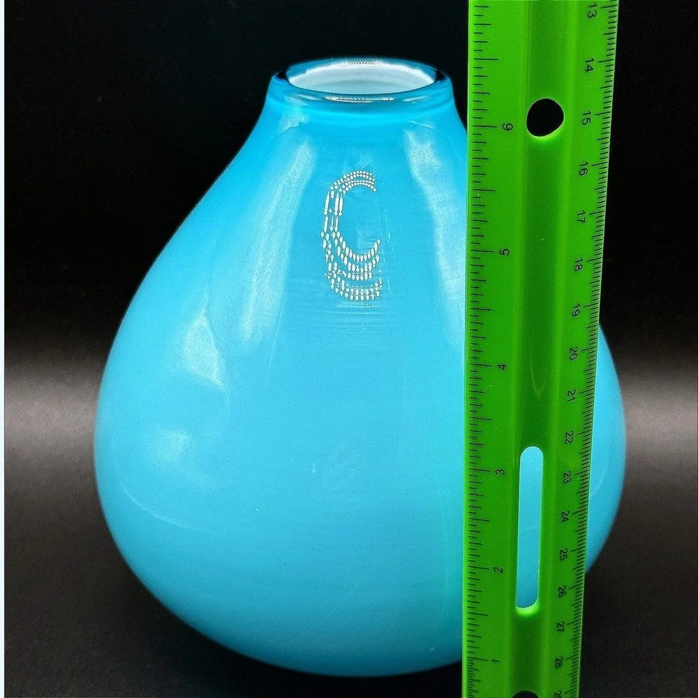 Crate & Barrel Blue Art Glass Bud Vase Hand Blown Aqua Turquoise Round Vase